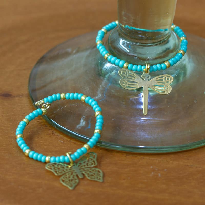 Novica Handmade Turquoise Flutter Gold-Accented Glass Beaded Drink Markers (Set Of 2)