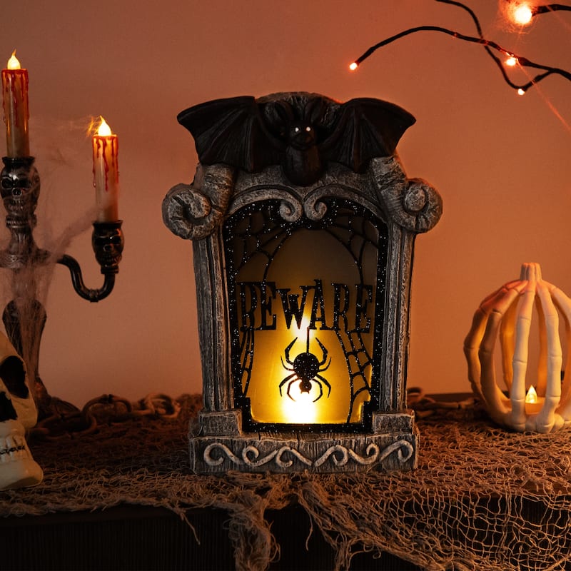 Lighted Flickering Beware Gravestone Halloween Decoration - 13.5" - LED Orange Light