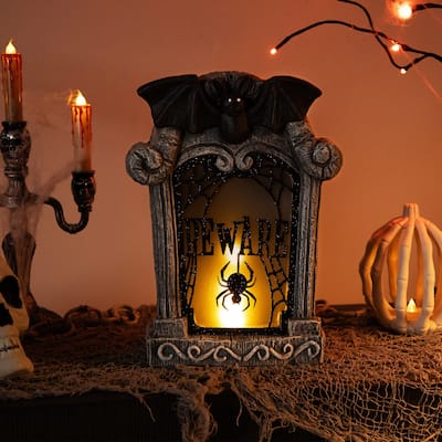 Lighted Flickering Beware Gravestone Halloween Decoration - 13.5" - LED Orange Light