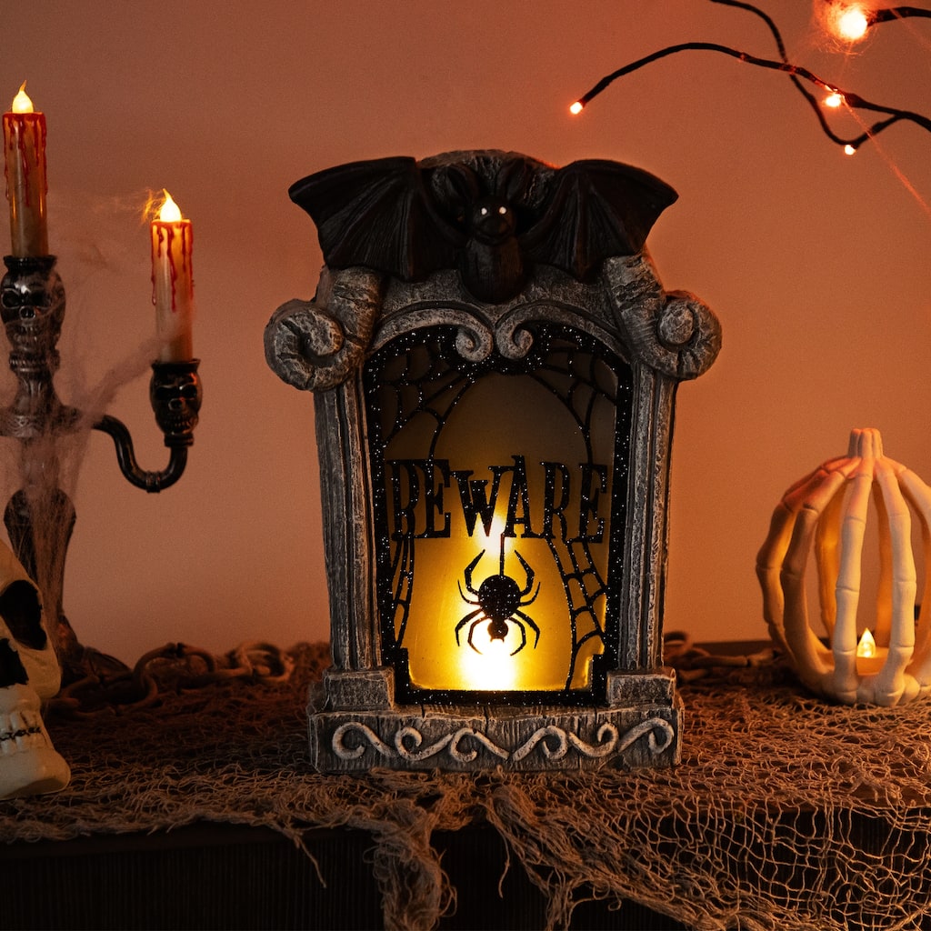 Lighted Flickering Beware Gravestone Halloween Decoration - 13.5" - LED Orange Light