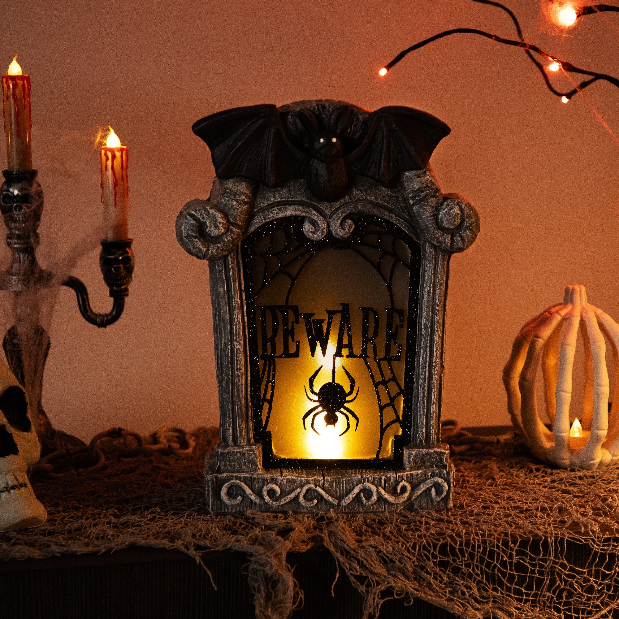 Flickering Beware Gravestone Halloween Decor 13.5" Led Orange Light