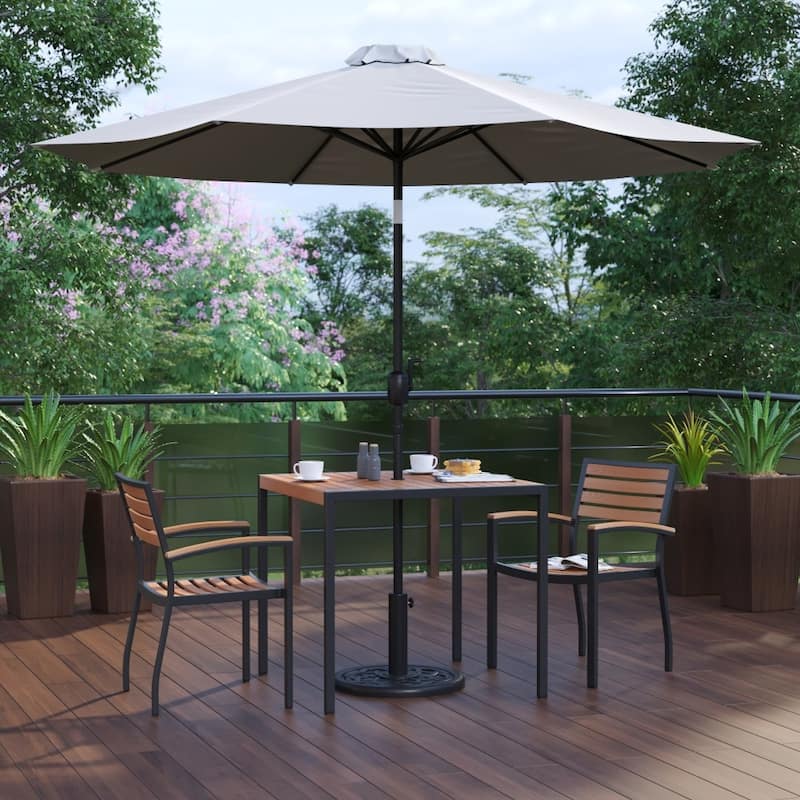 Patio Set wirh 35" Table, 2 Chairs, and Umbrella with Base - 35.25"W x 35.25"D x 29.5"H - Gray