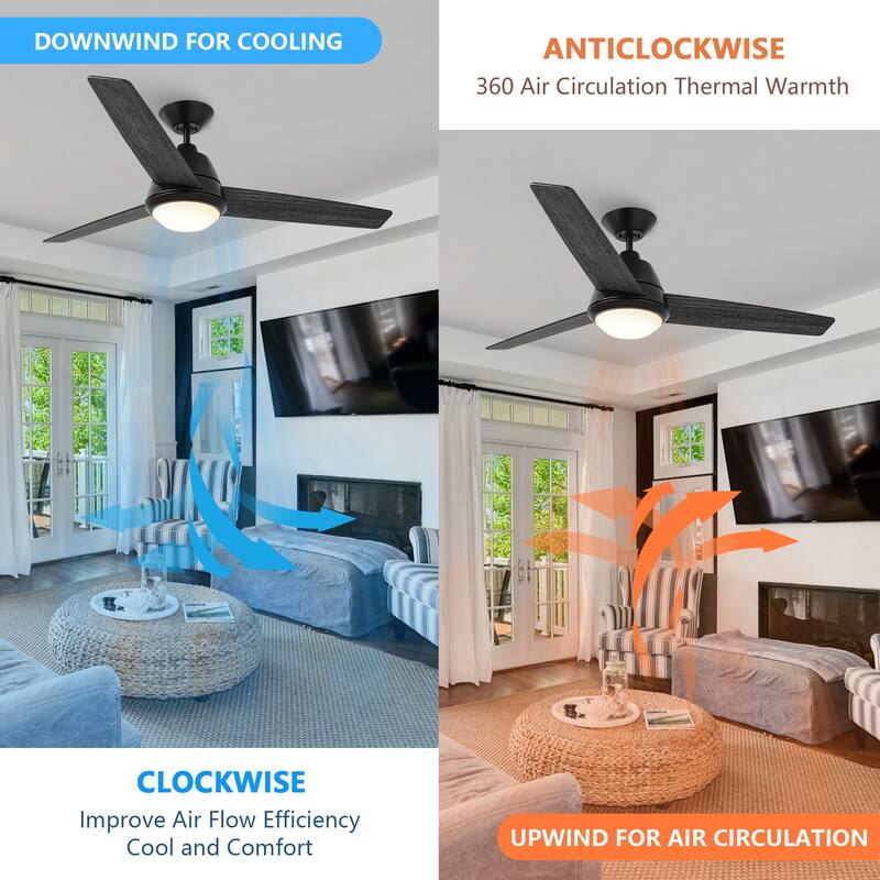52-inch Modern Black Wooden Ceiling Fan with LED Light and Remote