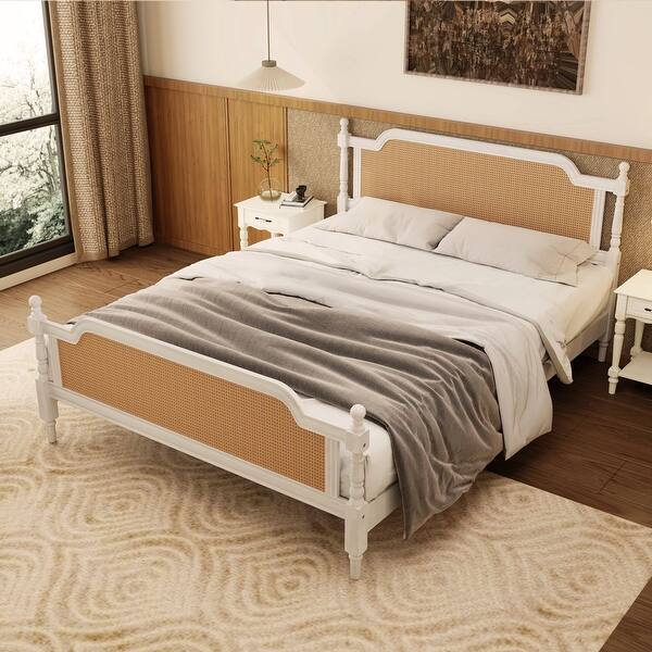 slide 2 of 10, Traditional Style King Size Platform Bed Frame with Rattan Headboard, No Box Spring Needed, Antique Walnut White