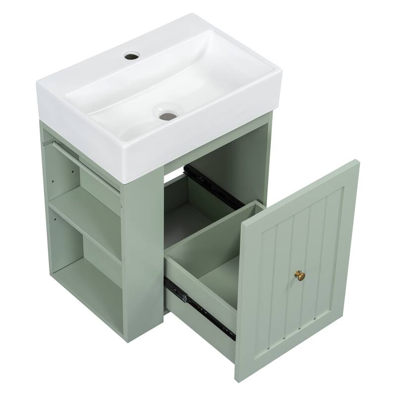 20" Bathroom Vanity with Ceramic Sink - Soft Close Door, Drawer & Side Shelf, Space-Saving MDF Cabinet for Small Bathrooms