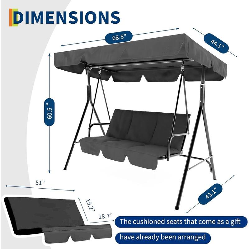 3 Person Patio Swing Chair with Canopy and Adjustable Tilt Shade for Porch - 68.5"(L) x 43.1"(W) x 60.5"(H)