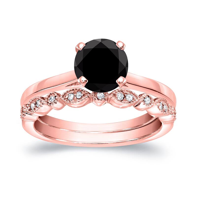 Auriya 14k Gold 1ctw Vintage Solitaire Black Diamond Engagement Ring Set - Rose - 4