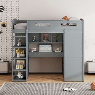 Loft Bed with Desk, Wardrobes, 4 Drawers and 4 Shelves