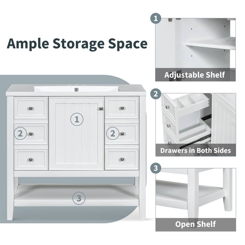 36" Bathroom Vanity with Sink Combo, One Cabinet and Three Drawers, Solid Wood and MDF Board