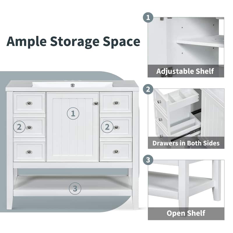 GDFStudio - Avalon 36-Inch Bathroom Vanity with Sink, Solid Wood & MDF Board with Lower Shelf, Painted Finish