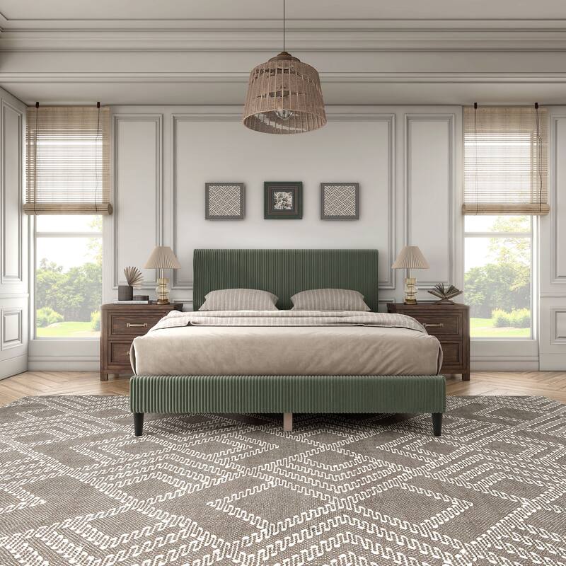 Furniture of America Modern Corduroy Queen Size Platform Bed, No Box Spring Needed - Green (Bed & Fabric Set)