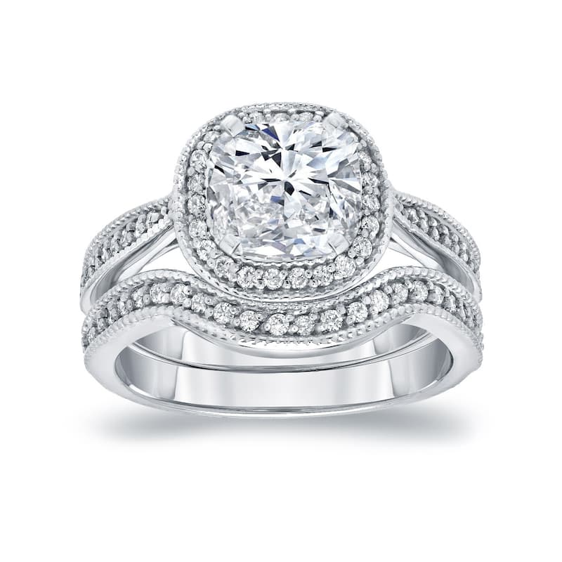 Auriya 14k Gold 1 1/2ctw Vintage Cushion-cut Halo Diamond Engagement Ring Set - White - 4