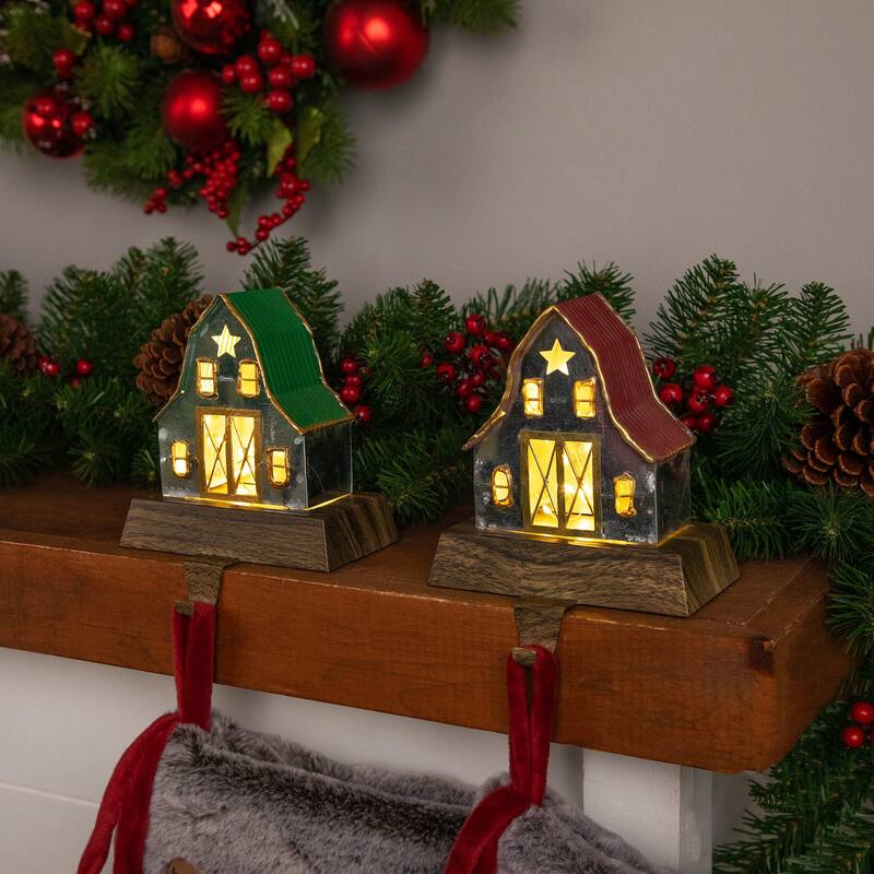 Set of 2 LED Lighted Galvanized Barn Christmas Stocking Holders 5.5"