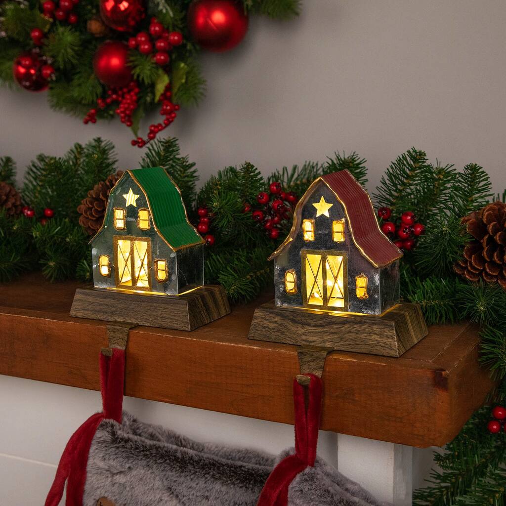 Set of 2 LED Lighted Galvanized Barn Christmas Stocking Holders 5.5"
