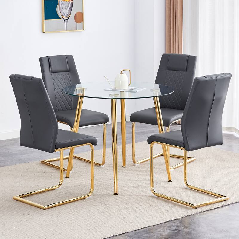5 Piece Tempered Glass Dining Table Set for 4, Modern Round Table with 4 Upholstered Chairs for Kitchen, Office Conference Room