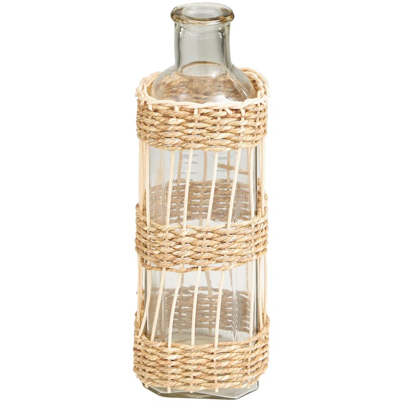 Handcrafted Clear Glass Vase with Light Brown Rattan Woven Body