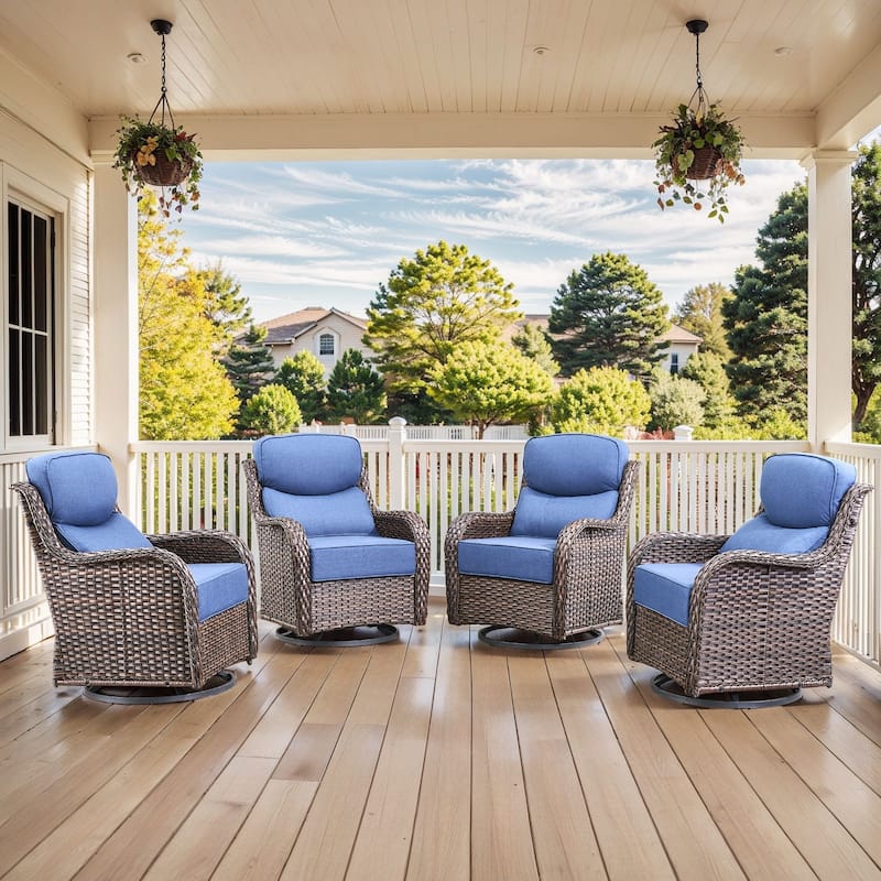 Pocassy Patio Furniture Set with Swivel Chairs, All Weather Patio Wicker - Brwon Wicker Blue Cushion - 4PCS Swivel Chair