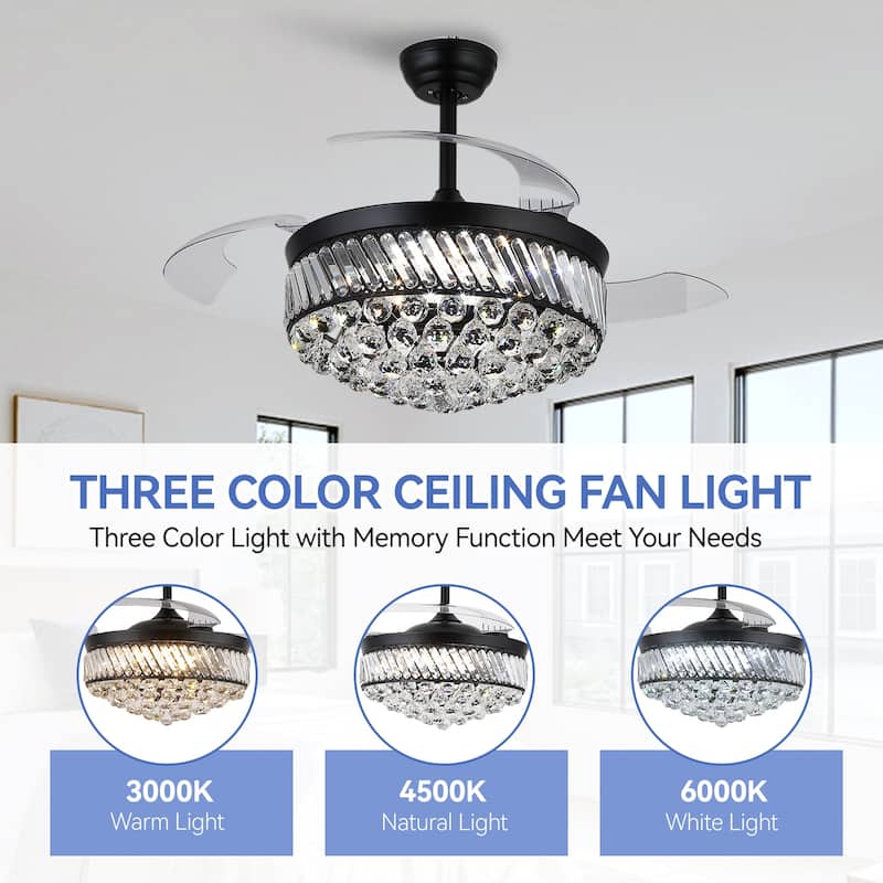 48" Crystal Fandelier Ceiling Fan with Light and Retractable Blades LED Dimmable for Bedroom Living Room - 48 Inches