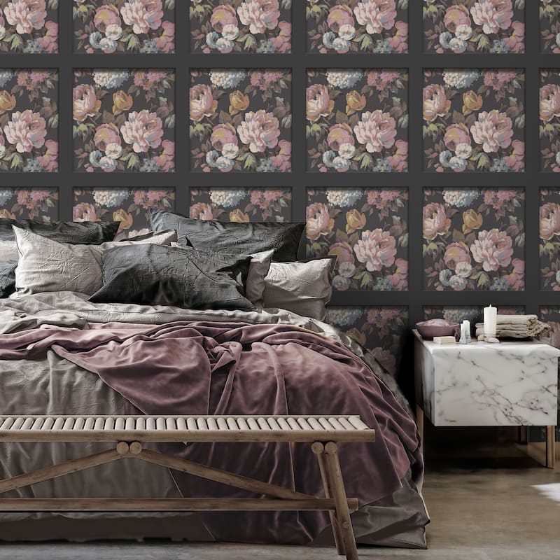 Fine Decor Arlene Black Floral Panel Wallpaper - N/A