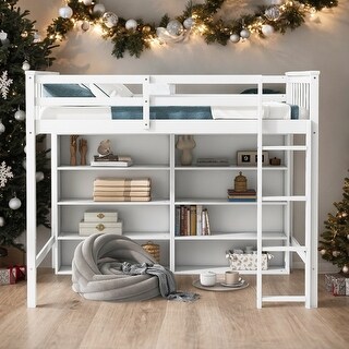 Wooden Twin Size Kids Loft Bed Frame with 8-Storage Shelves and Ladder, White