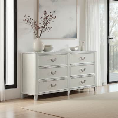 Roly Wide Dresser with 6 Drawers, Chrome Hanging Handles, Gray Wood