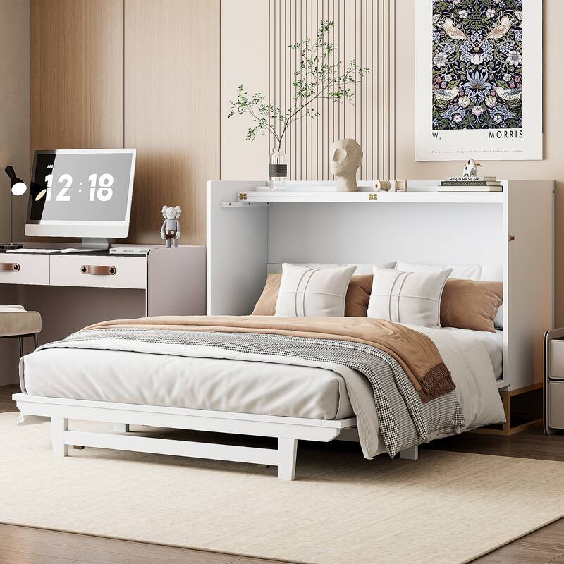 Queen Size Murphy Bed Wall Bed with Iron Legs, Modern Small Room Foldable Bed, Wooden Wall Bed Frame for Home Office