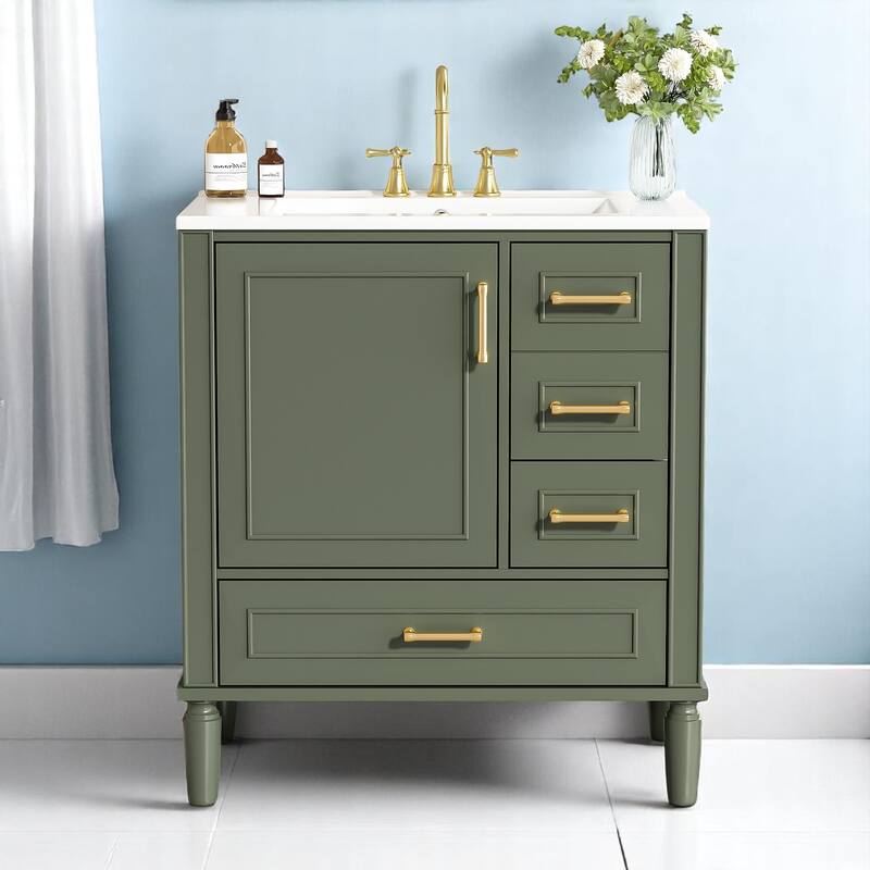 30" Bathroom Vanity with Sink, Freestanding Storage Cabinet with 3 Drawers, Soft-Close Door, Ceramic Basin,Bathroom Cabinet