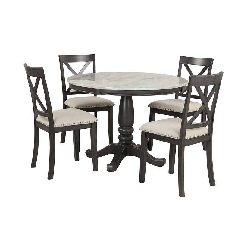 Stylish Round Wooden Dining Table with Four Wooden Chairs, 5-Piece Kitchen Table and Chair Set for Apartment