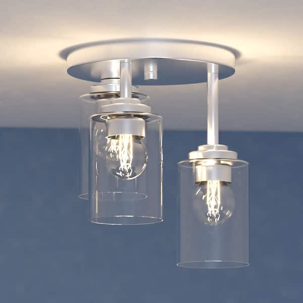 slide 2 of 11, Park Ridge 3-Light Semi Flush Mount Lighting Fixture, Clear Cylinder Glass Shade Low Ceilings, Hallway, Kitchen Satin Nickel - 10.5-in W x 11.25-in H x 10.5-in D