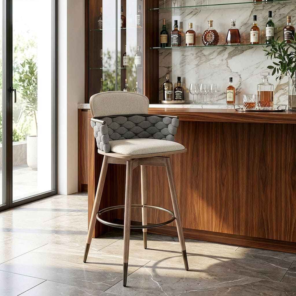 Bechor Beige and Gray Linen Fabric Bar Stool with Natural Wood Legs