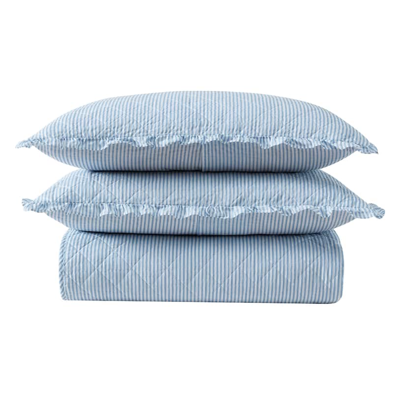 Laura Ashley Oxford Stripe Cotton Reversible Blue Quilt Set