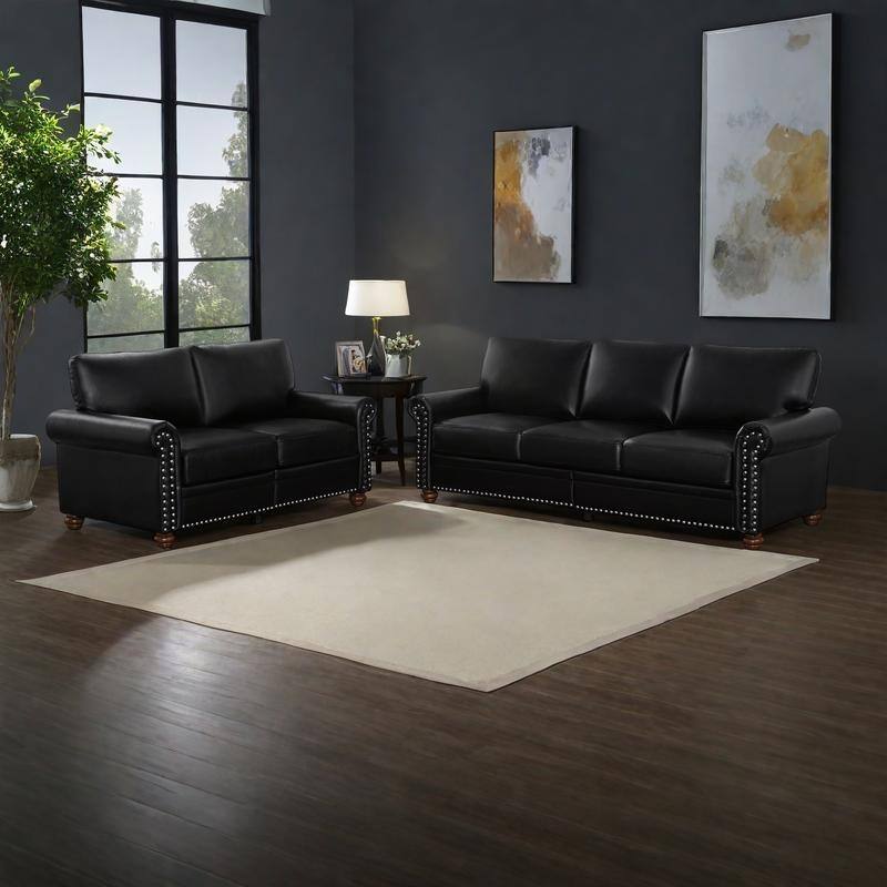 2-Pieces Mid-Century Modern Faux Leather Sofa Set with Storage, 3+2 Seater - Black