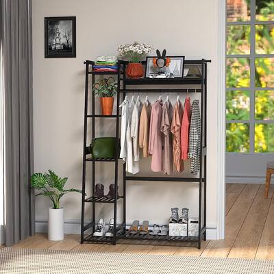 Freestanding Closet Organizer,Bamboo Garment Rack with Shelves