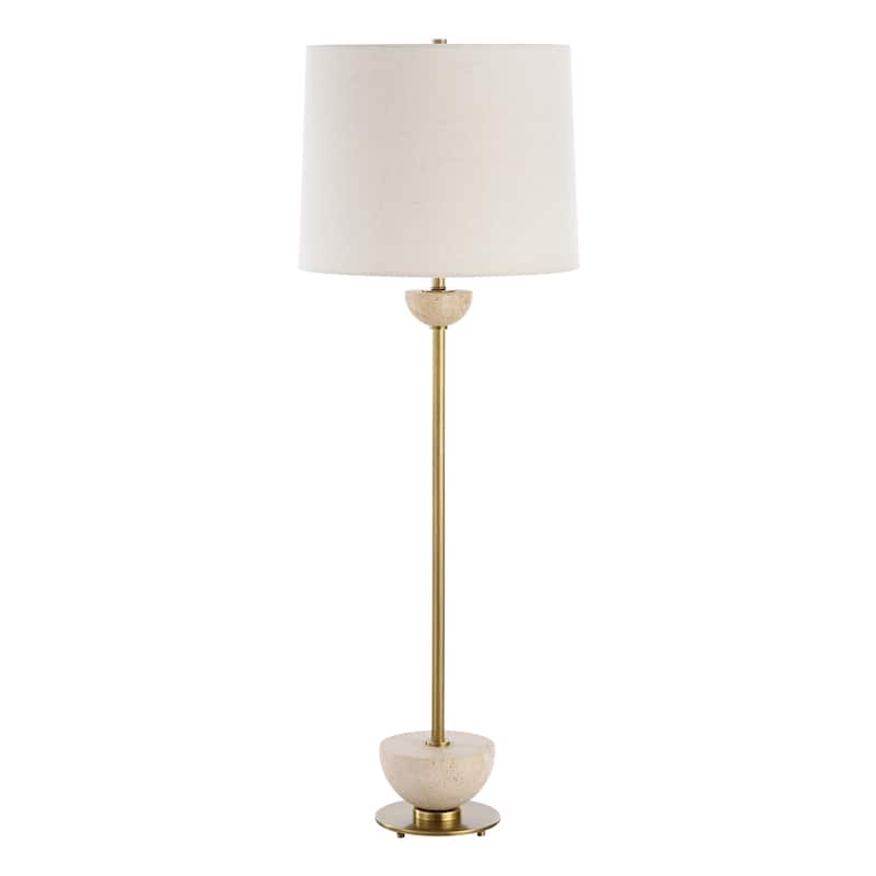 Buffet Lamp with Two Travertine Half Spheres - 36.5" - Brass Finish