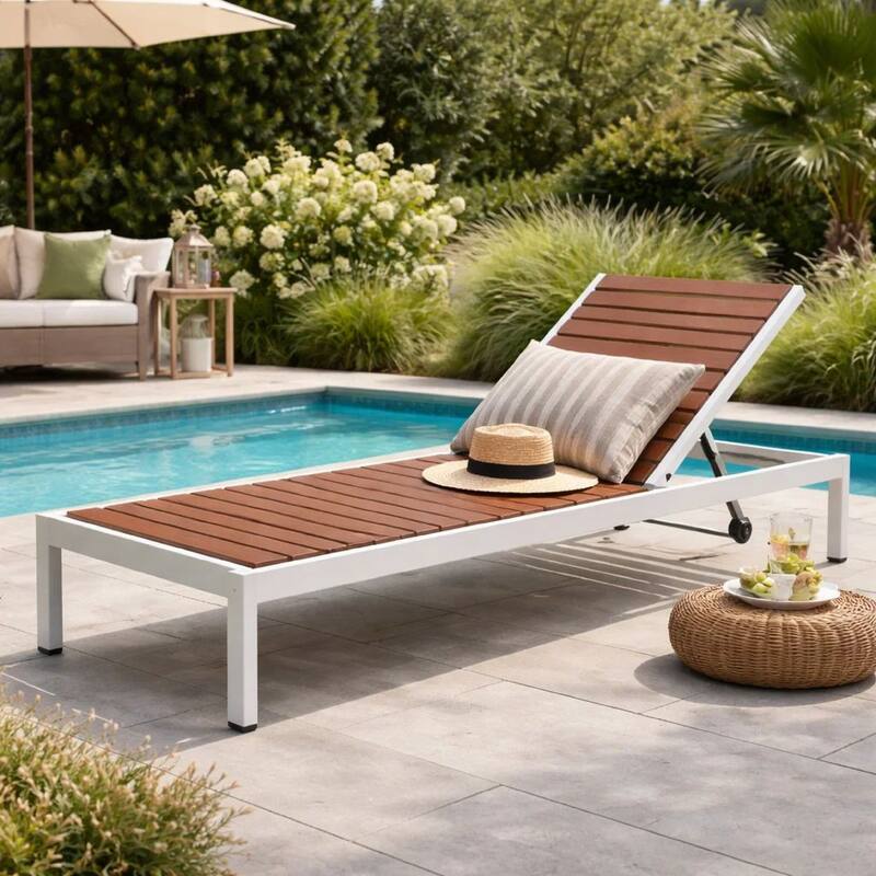 Josh 76 Inch Outdoor Chaise Lounger, White Aluminum Frame, Adjustable Back