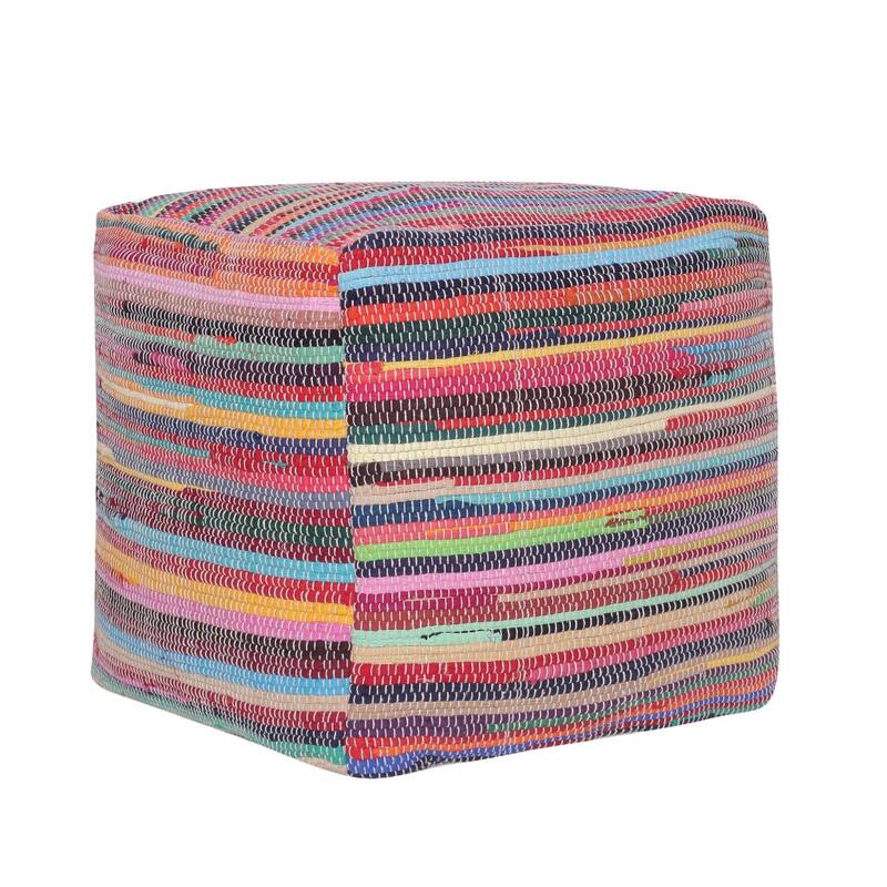 Red and Black Cotton Cube Ottoman Footrest Pouf Seat 18 Inch Striped