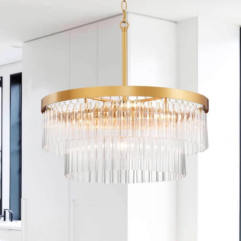 Casandra 5-light Two-Tier Crystal Glass Rod Drum Chandelier - Glossy Bronze