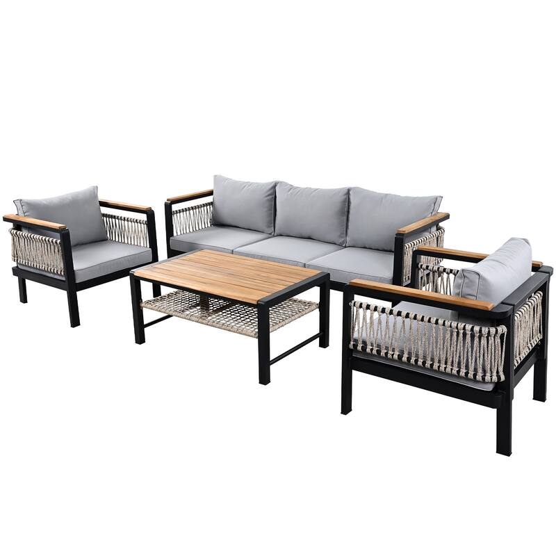 4 Pieces Outdoor Sectional Sofa Set, 5-Person Patio Seating Group Outdoor Conversation Set with Cushions and Coffee Table