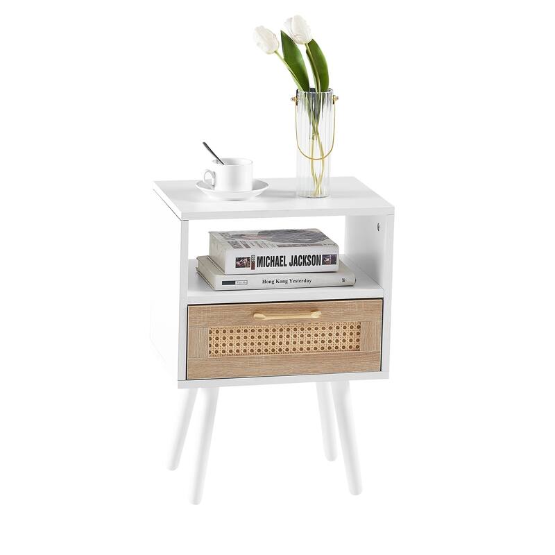 15.75" Boho Chic Rattan Storage End Table with Solid Wood Legs