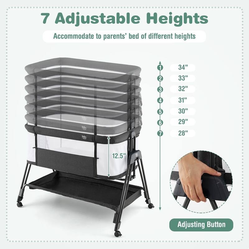 Baby Bedside Folding Bassinet with Wheels & Storage Tray