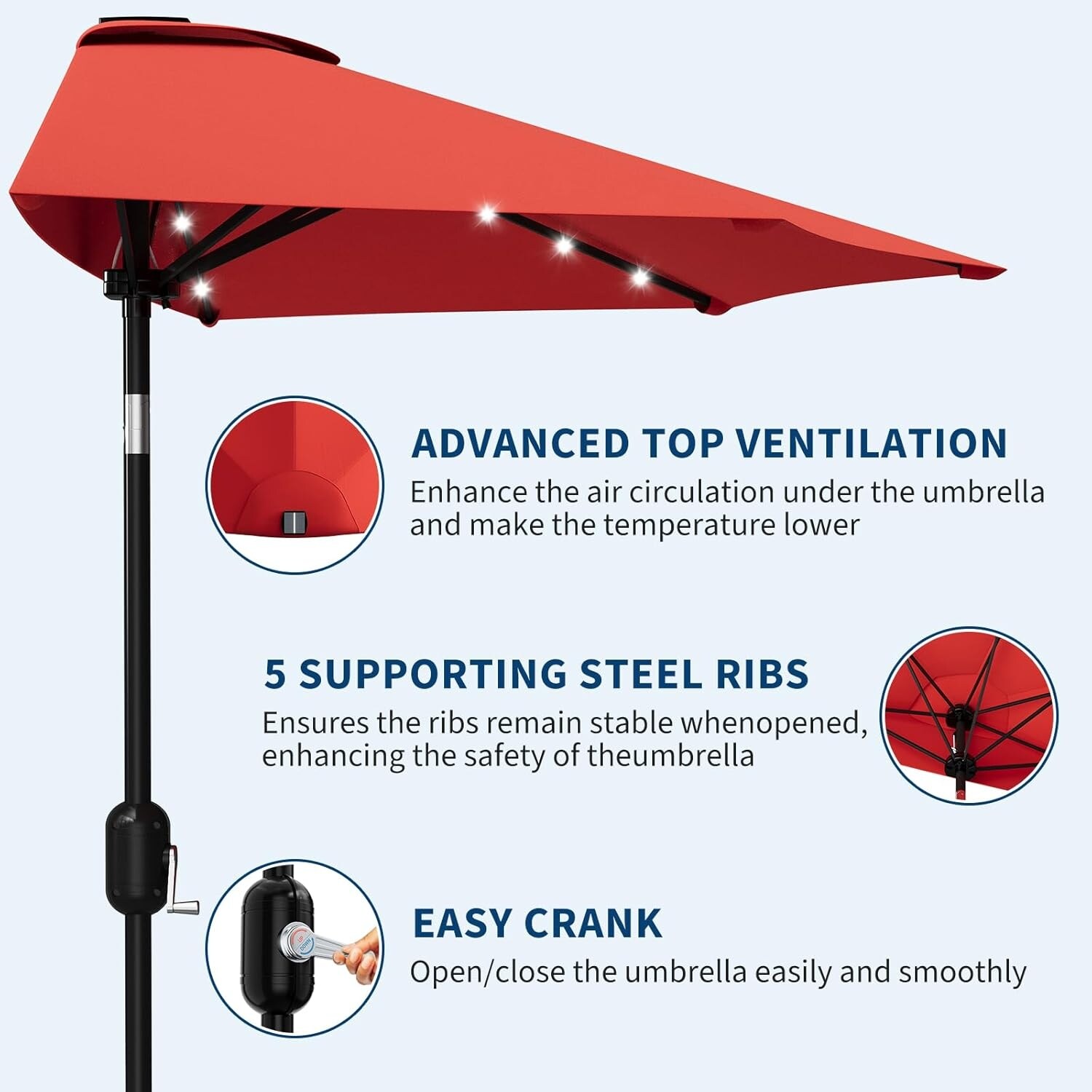 half patio umbrella red lled FLAME&SHADE 10 ft Solar Powered Outdoor Market Table with LED Lights and Tilt, : Patio, Lawn & Garden you must feel how comforting it is to have this umbrella. 7 ft. Outdoor Steel Solar