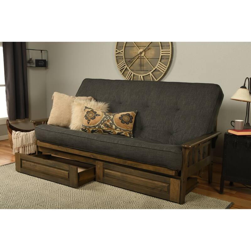 Somette Tucson Queen-size Storage Futon Set in Rustic Walnut Finish with Linen Mattress