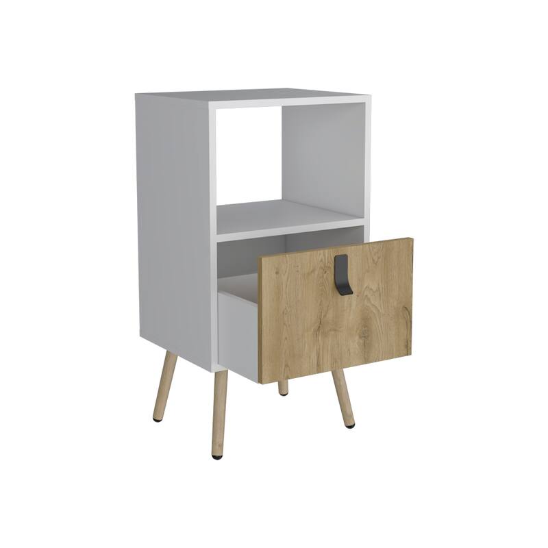 White & Macadamia Nightstand with Drawer and Open Shelf, Modern Bedroom Furniture