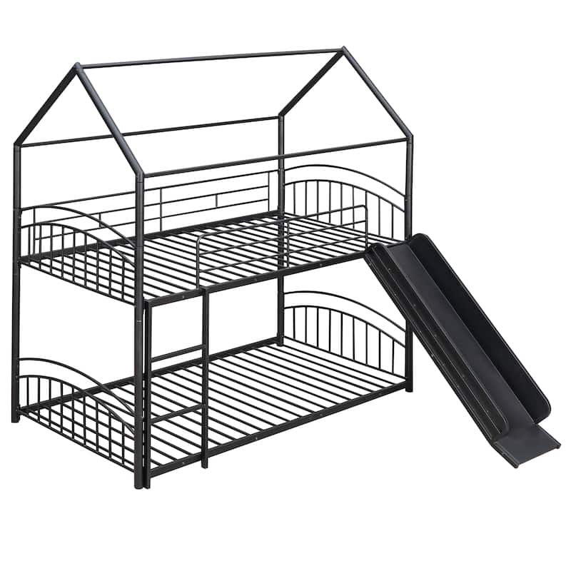 Black Twin over Twin Metal Bunk Bed with Slide, Roof, Fence, and Ladder