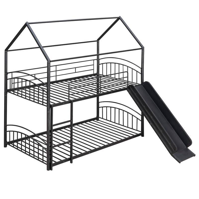 Black Twin over Twin Size Metal Bunk Bed With Slide, Roof, Fence and Ladder for Bedroom