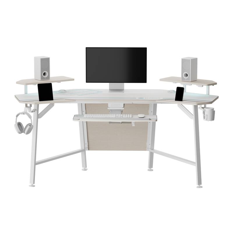 72" Large Gaming Desk Black Multifunctional Computer Desk with Keyboard Tray - White