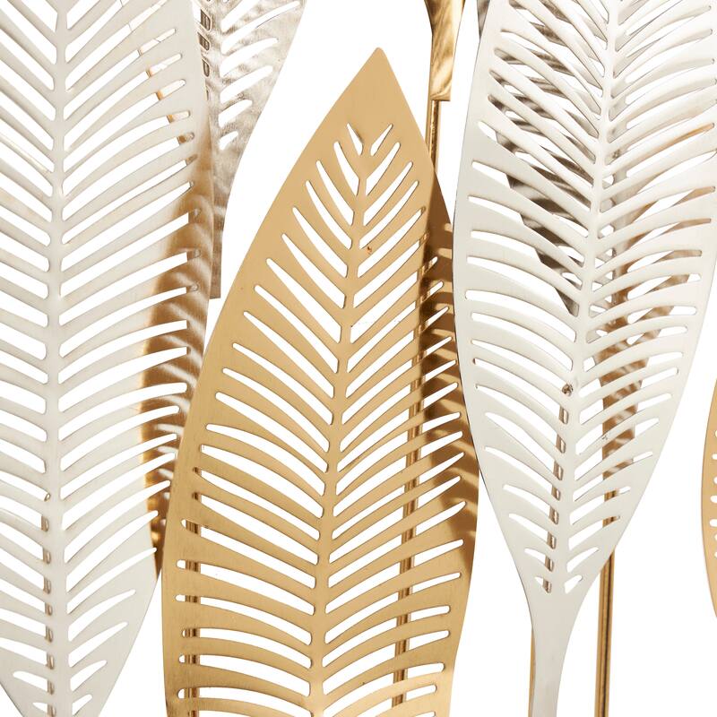 Gold Metal Metallic Leaf Home Wall Decor with Circular Frame and Silver Accents