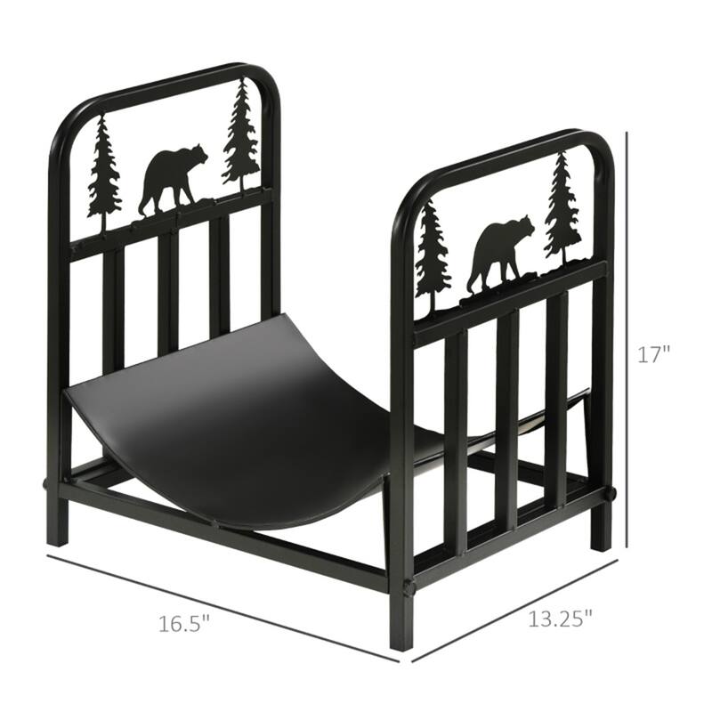 Bear and Tree Firewood Rack Powder Coated Steel Indoor Outdoor Wood Holder Black - 16.5" L x 13.25" W x 17" H