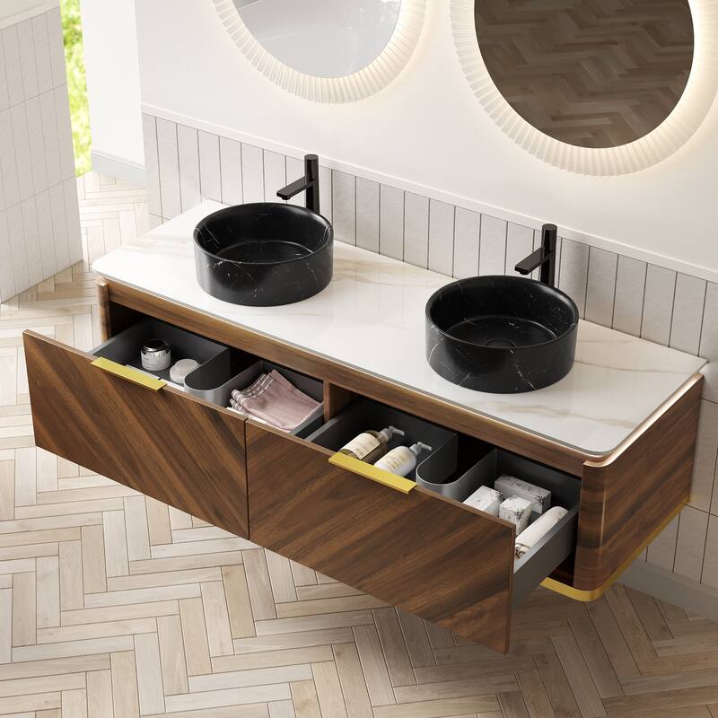 Floating Bathroom Vanity with Sintered Stone Top and Black Ceramic Round Basin