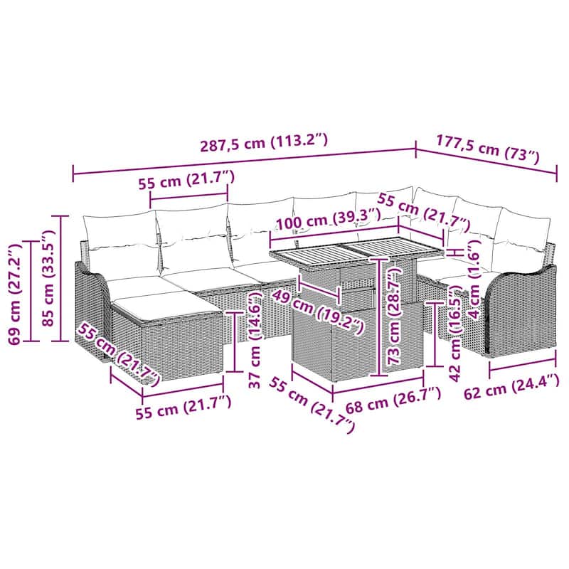 vidaXL 9 Piece Garden Sofa Set with Cushions - 113.2×73×27.2